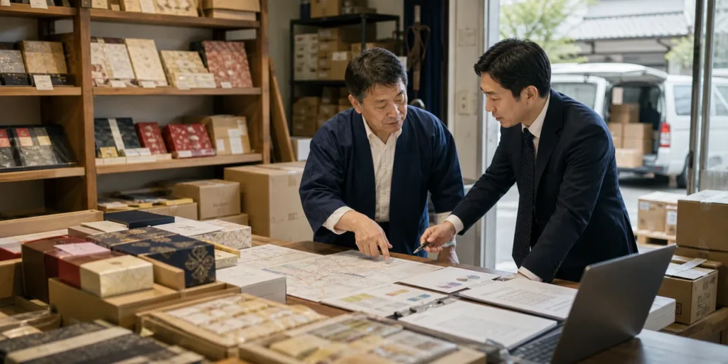 観光地向け土産卸の承継を検討する様子