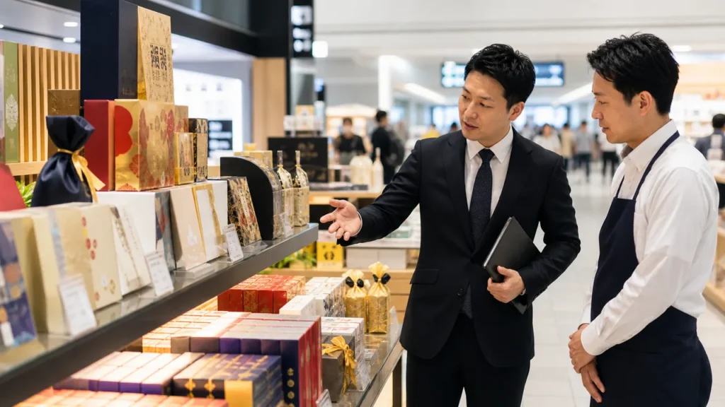 観光地の土産店で棚割りと人流を確認する様子