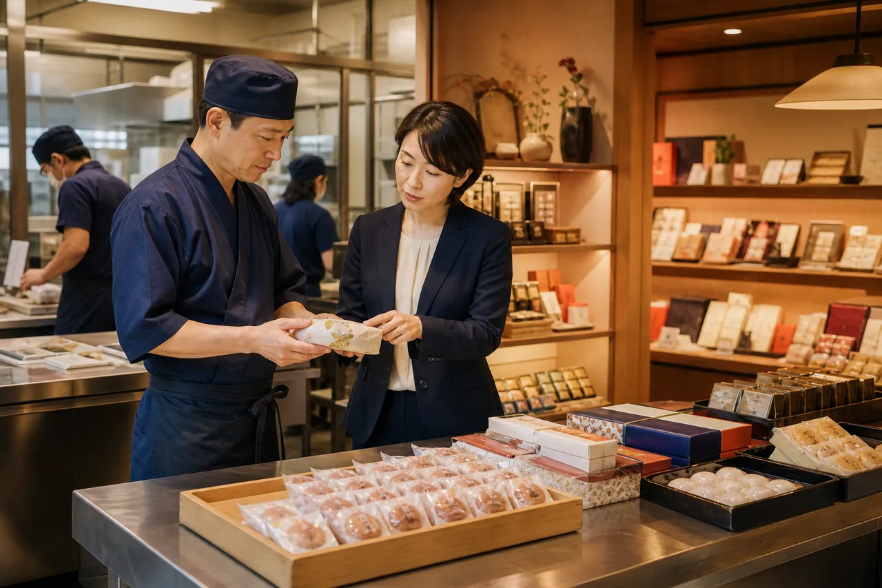 土産菓子工房で商品の承継方法を確認する担当者