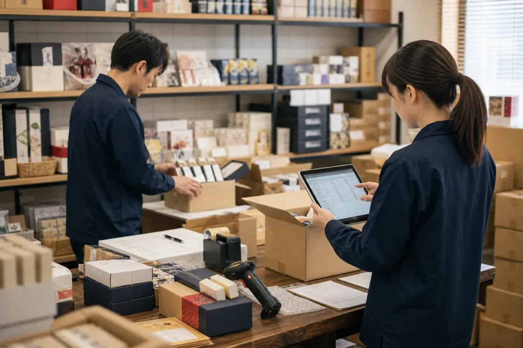 土産商品のEC出荷と在庫を確認するスタッフ