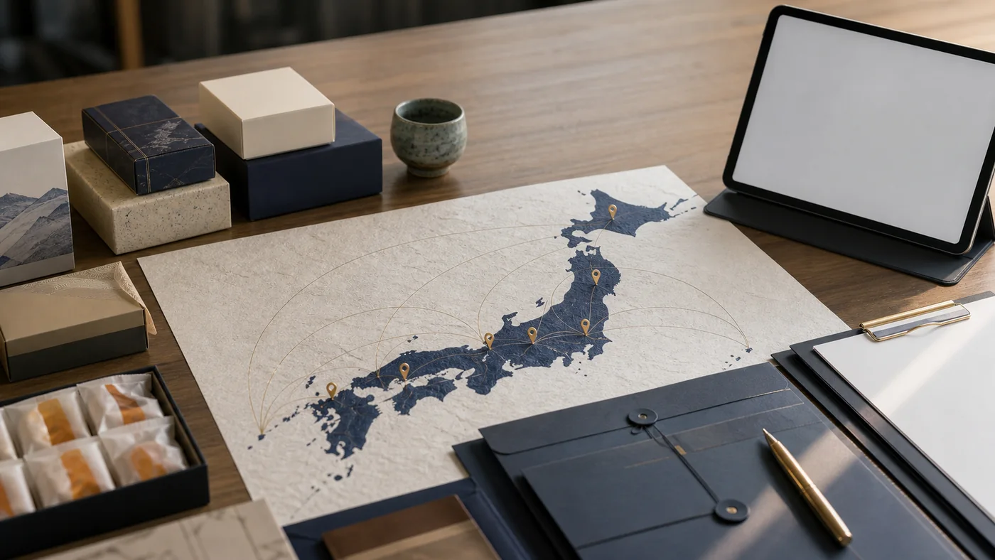 日本地図と地域土産品のネットワークを示す資料