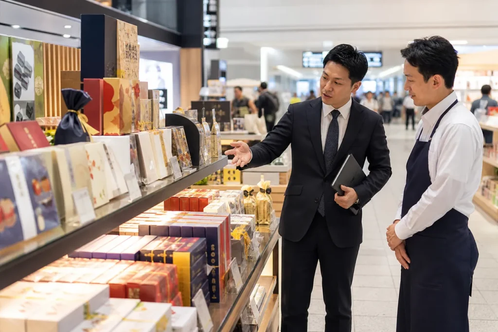駅や空港の土産売場で販路を確認する担当者