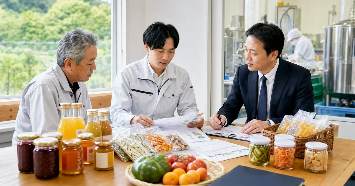 農産加工会社の事業承継について加工食品サンプルと食品表示資料を確認する経営者とM&Aアドバイザー