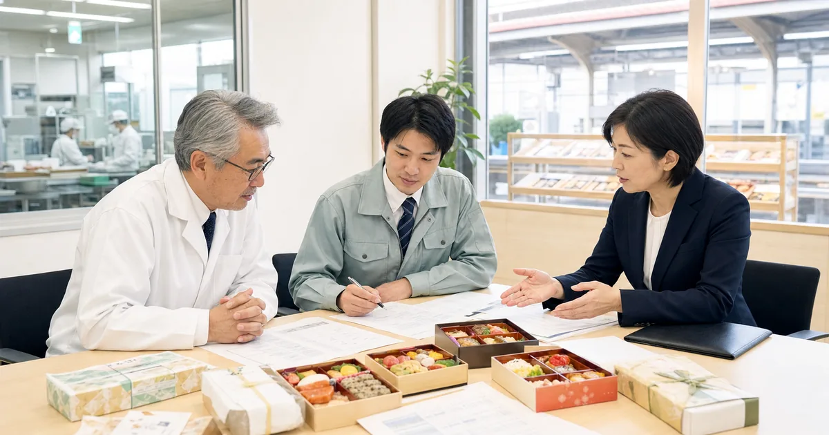 駅弁製造会社の事業承継について弁当サンプルと食品表示資料を確認する経営者とM&Aアドバイザー