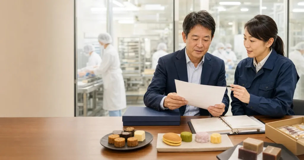OEM菓子会社の製造工場で商品仕様書を確認する経営者と品質担当者