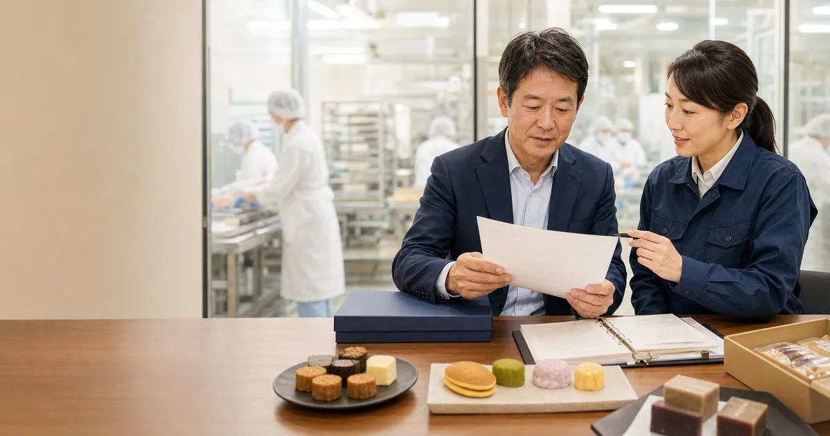 OEM菓子会社の製造工場で商品仕様書を確認する経営者と品質担当者
