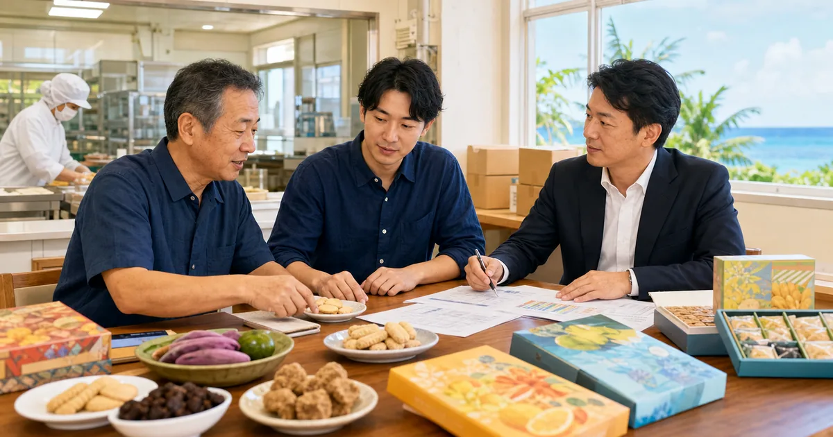 沖縄と離島の土産菓子メーカーの事業承継について商品サンプルと物流資料を確認する経営者とM&Aアドバイザー