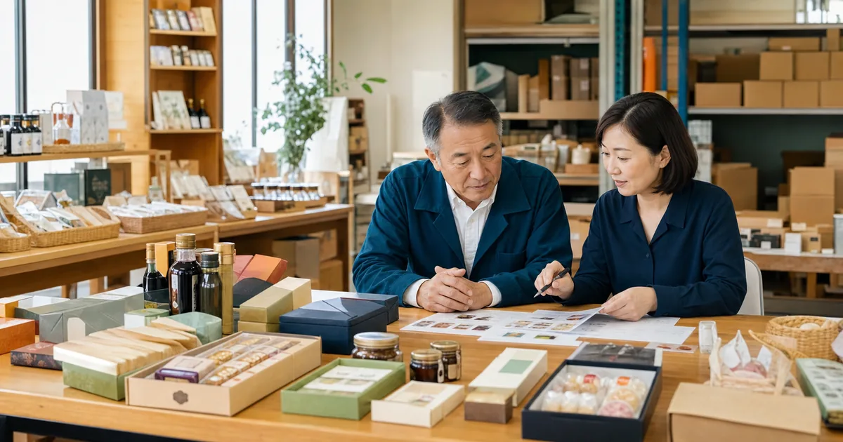 地域商社の商品選定会議で地域産品を確認する経営者と商品担当者