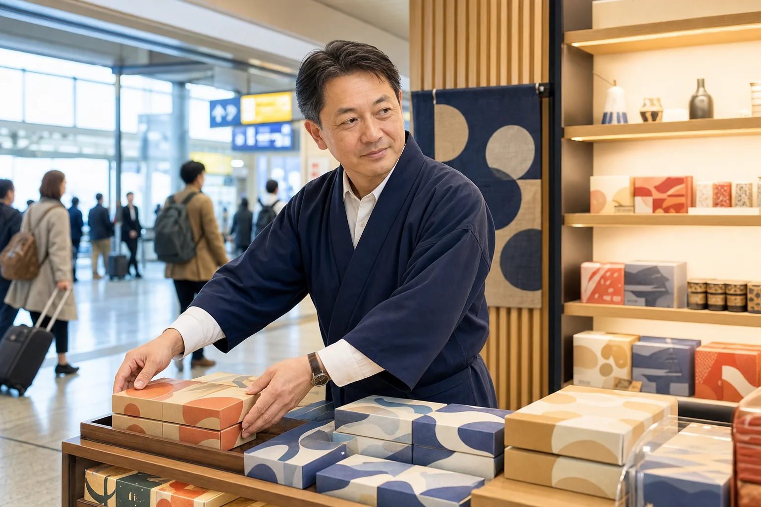 駅の土産売場で商品と観光客の動きを確認する店主
