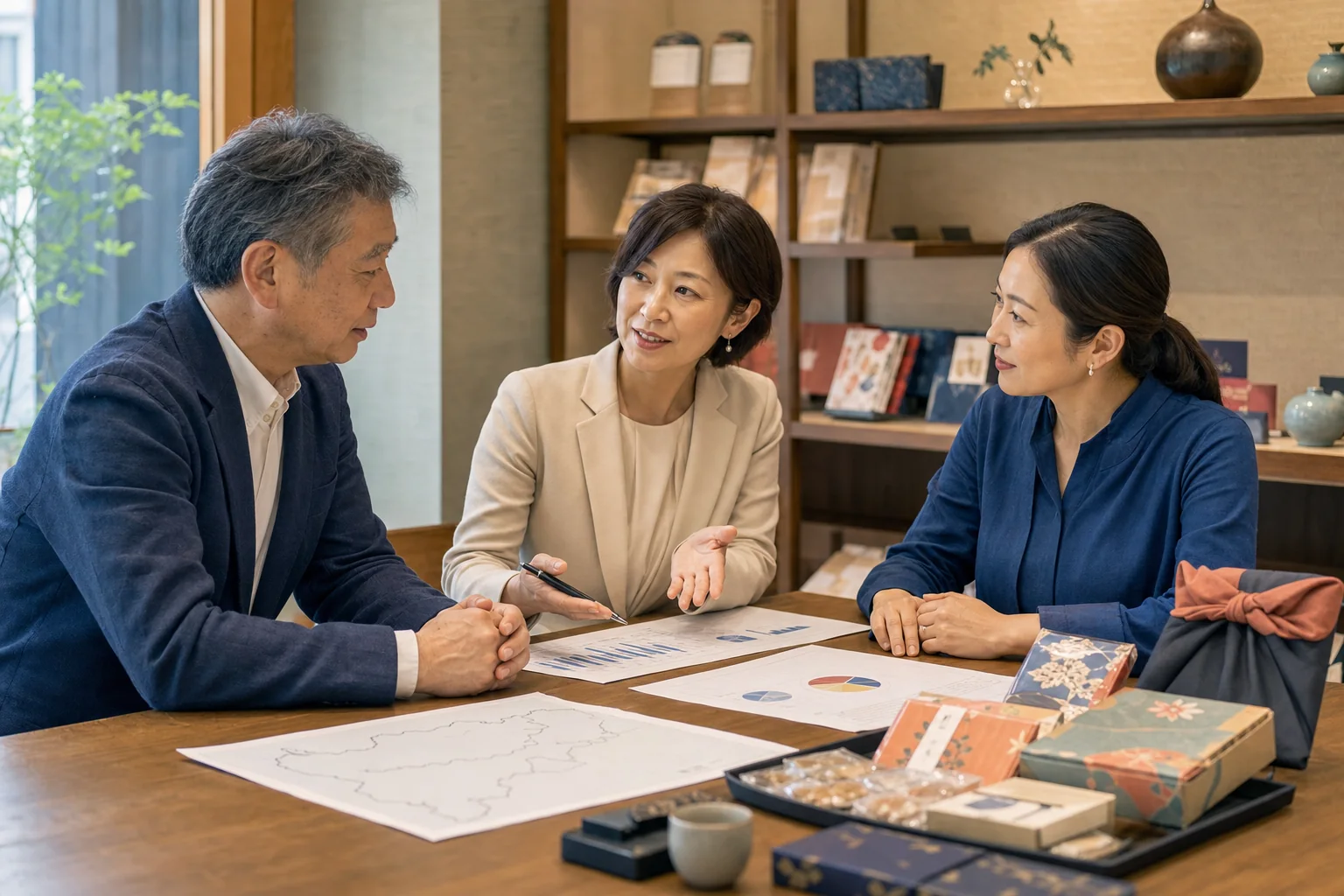 土産事業の地域関係と情報開示について話し合う経営者と担当者