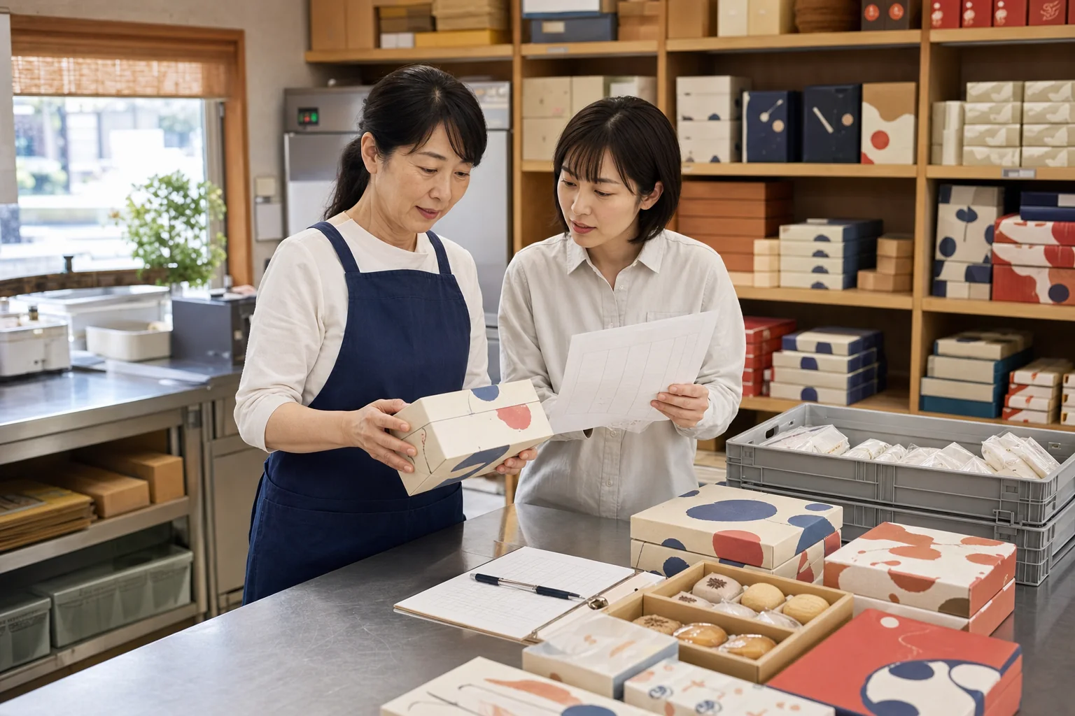 土産菓子の在庫と包装を確認する店主と担当者