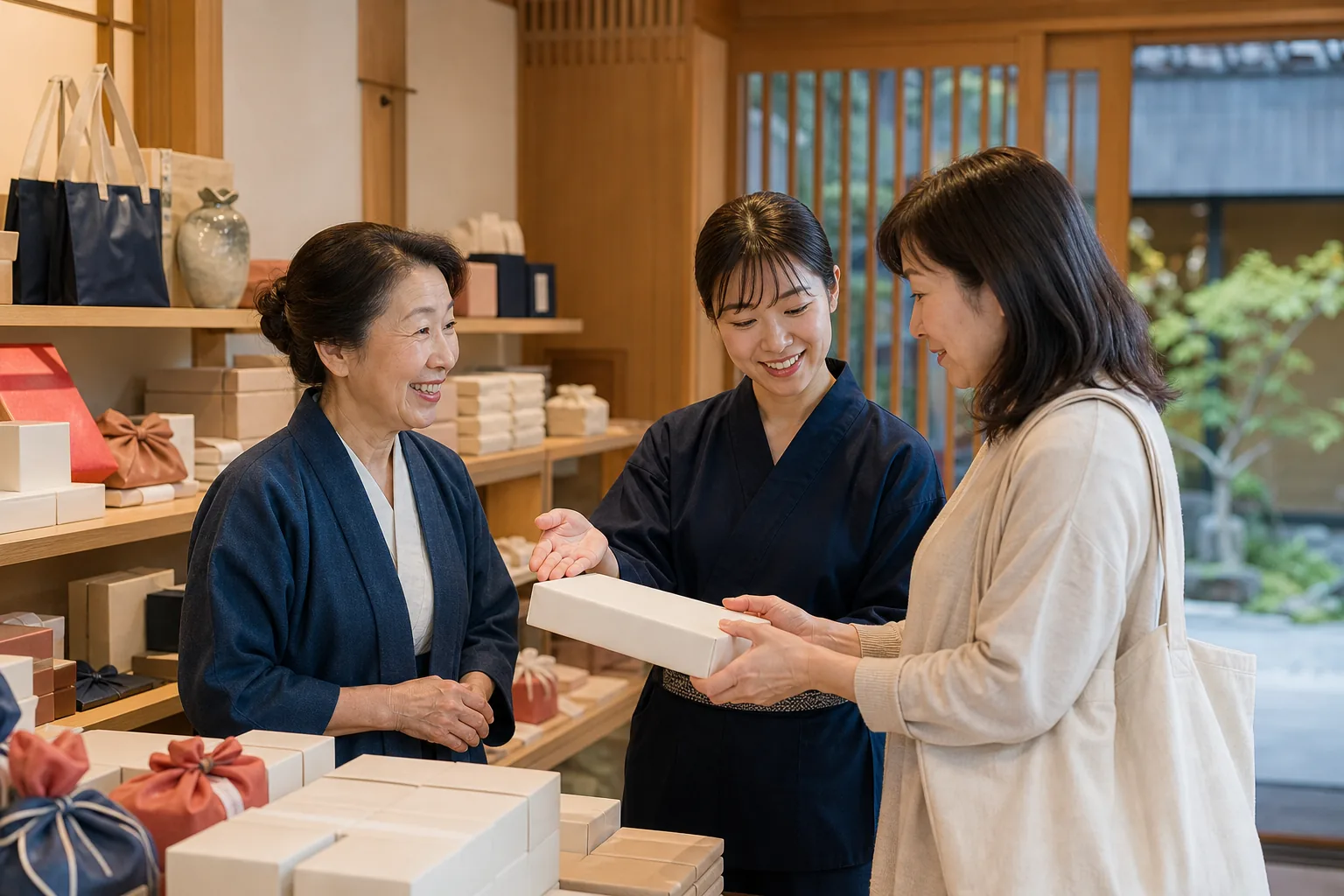 温泉旅館の売店で土産品を案内する店主とスタッフ