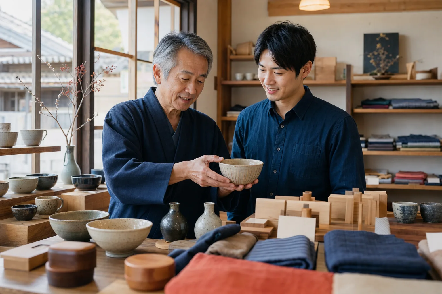 地域の工芸品店で商品を確認する店主と次世代の担い手