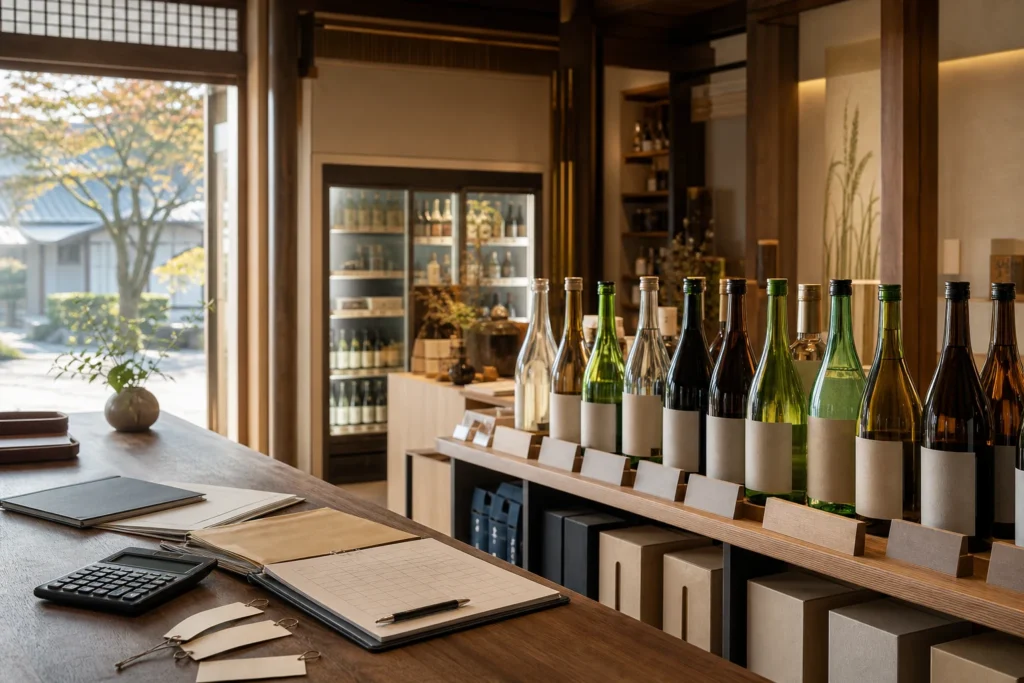 地酒販売店M&Aの免許・通販・在庫デューデリジェンスを表す酒瓶と店舗カウンター
