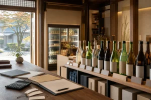 地酒販売店M&Aの免許・通販・在庫デューデリジェンスを表す酒瓶と店舗カウンター