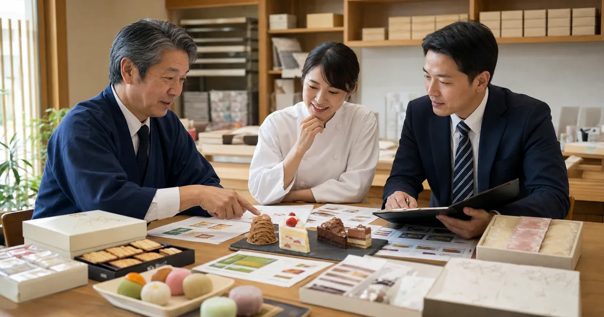 菓子事業の譲渡準備について和菓子と洋菓子の商品群や製造資料を確認する経営者とM&Aアドバイザー