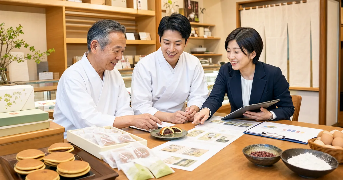 地域銘菓の販売事業譲渡について和菓子の商品サンプルと販路資料を確認する職人とM&Aアドバイザー