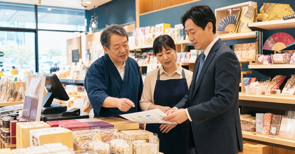 免税土産店の事業承継について土産商品とPOS資料を確認する店舗経営者とM&Aアドバイザー
