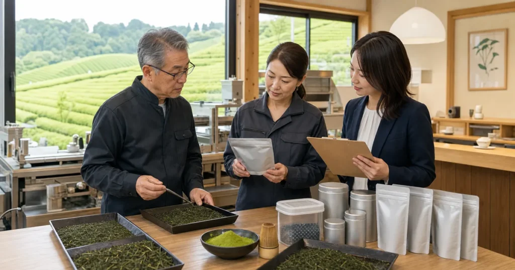 製茶会社の事業承継に向けて茶葉・包装・製造記録を確認する茶師、品質責任者、M&Aアドバイザー