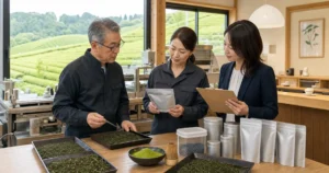 製茶会社の事業承継に向けて茶葉・包装・製造記録を確認する茶師、品質責任者、M&Aアドバイザー