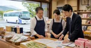 観光バス休憩所の土産売店で商品棚と売上資料を確認する経営者とM&Aアドバイザー