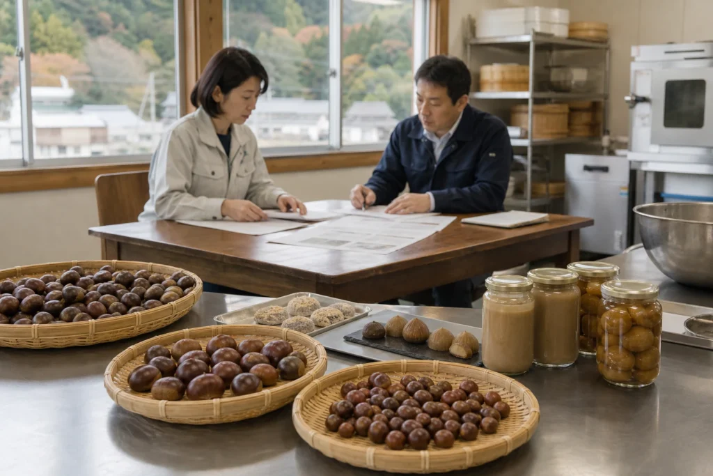 ヨシムラ・フードHDによる小田喜商店買収を表す栗加工現場の承継会議