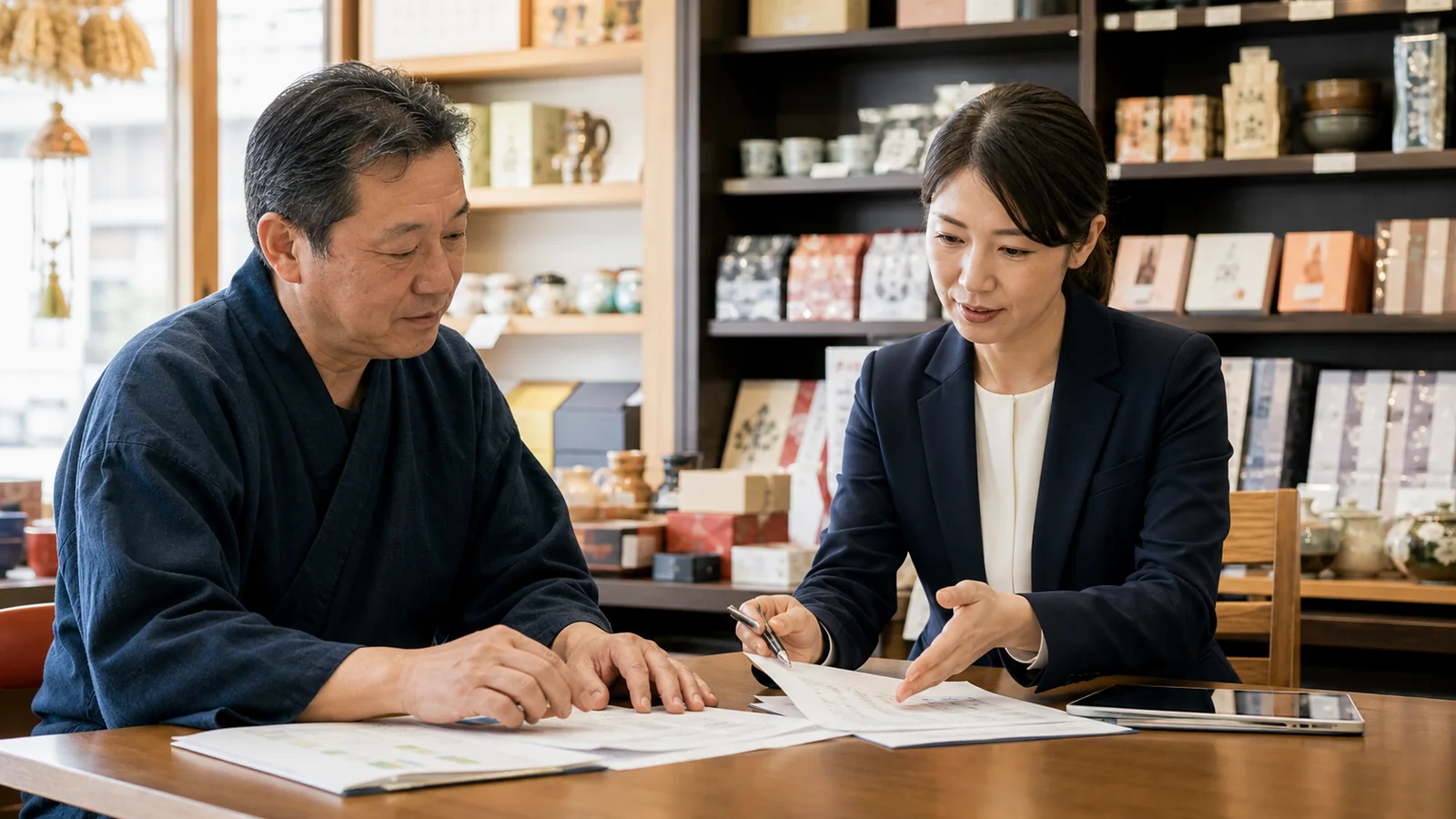 地域土産店の経営者とM&A担当者が売上・在庫資料を確認する相談風景