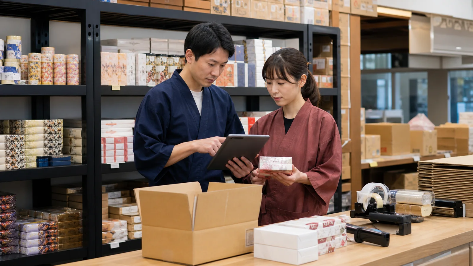 地域土産事業の担当者が在庫とEC出荷商品を確認する様子